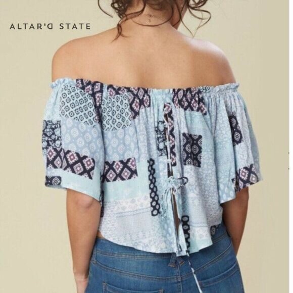 Altar'd State Off Shoulder Patchwork‎ Crop Top Women's Boho Peasant Crop - Picture 3 of 9